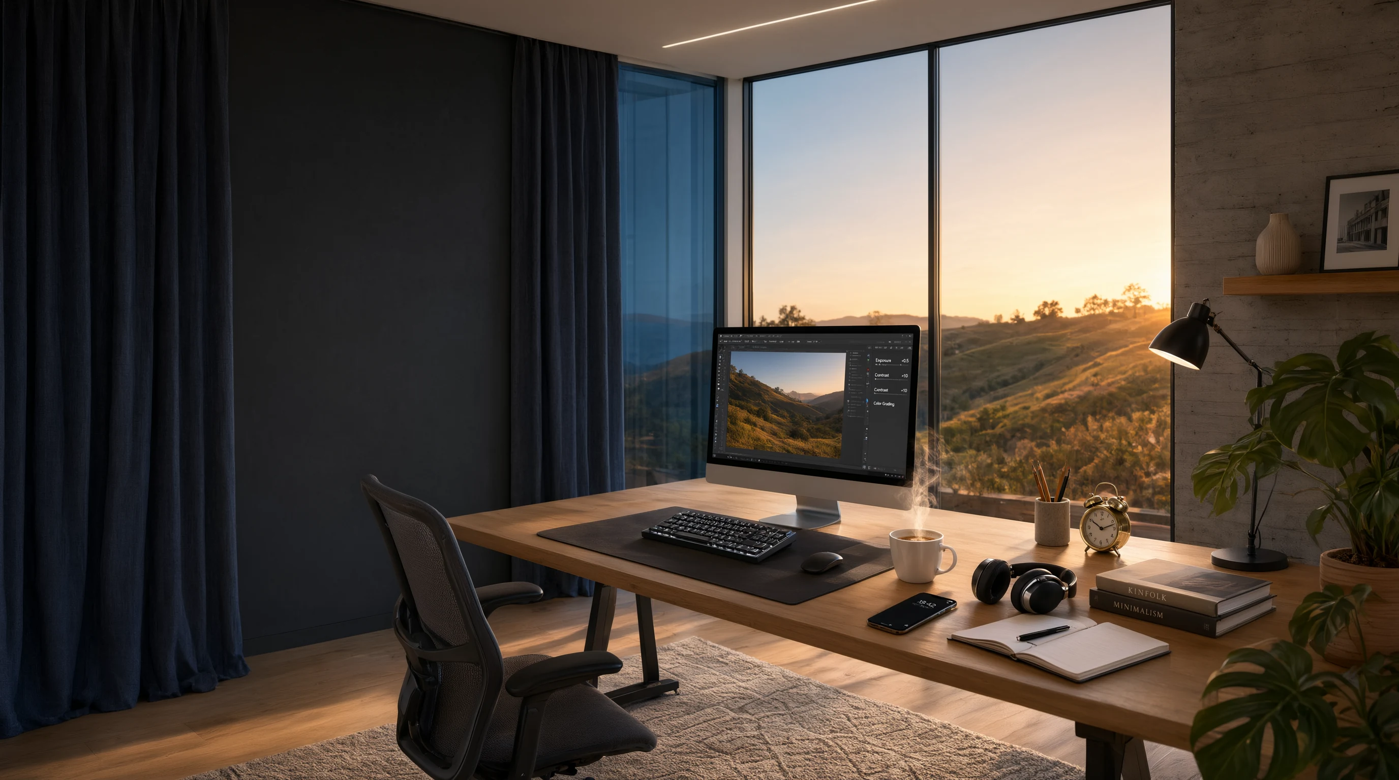 现代极简办公桌,iMac 工作站,窗外金色黄昏光
